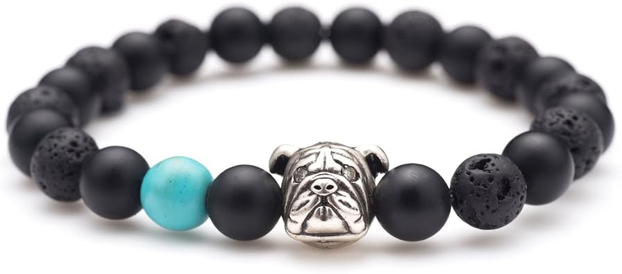 Dog Mascot Natural Onyx and Lava Rock Beads Bracelet