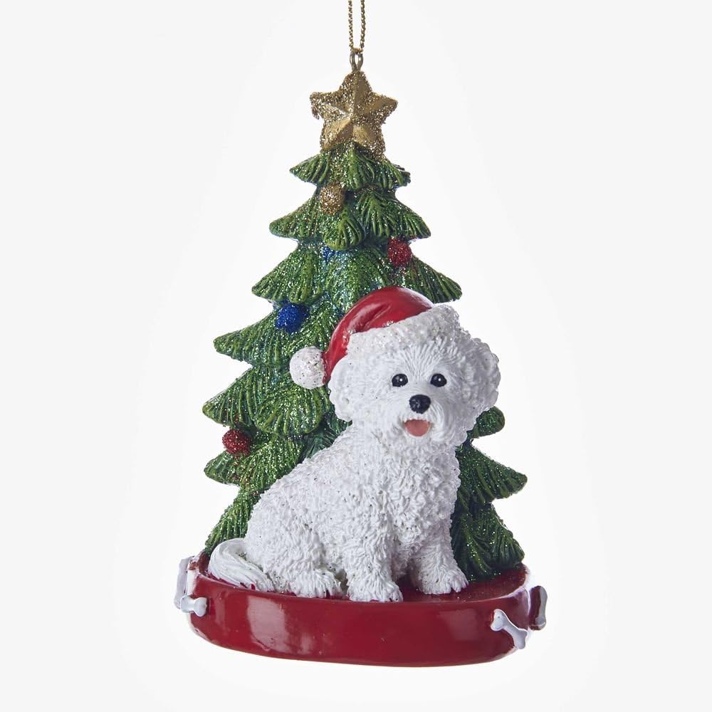 Bichon Frise Wearing Santa Hat with Christmas Tree Ornament