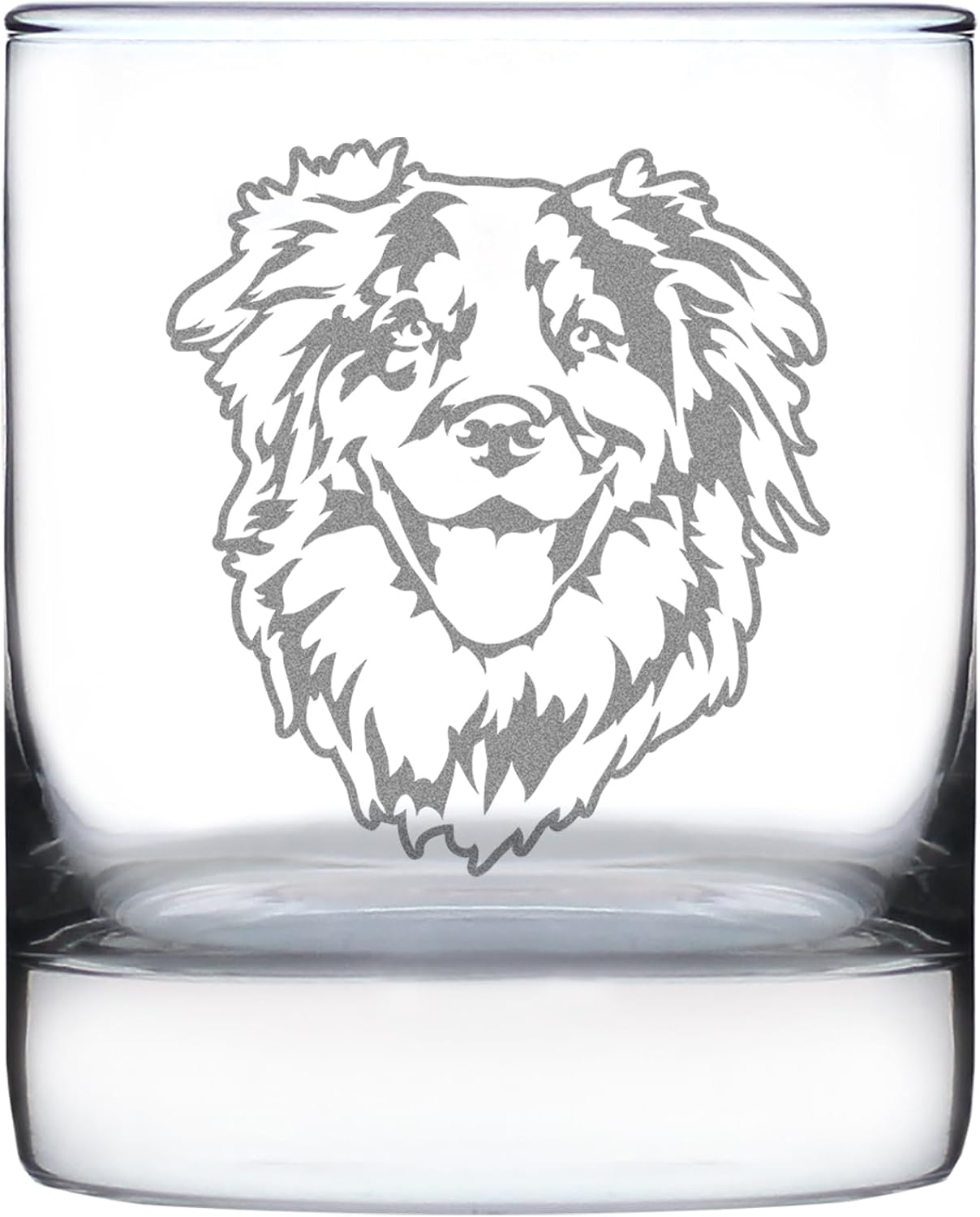Australian Shepherd Face Whiskey Rocks Glass