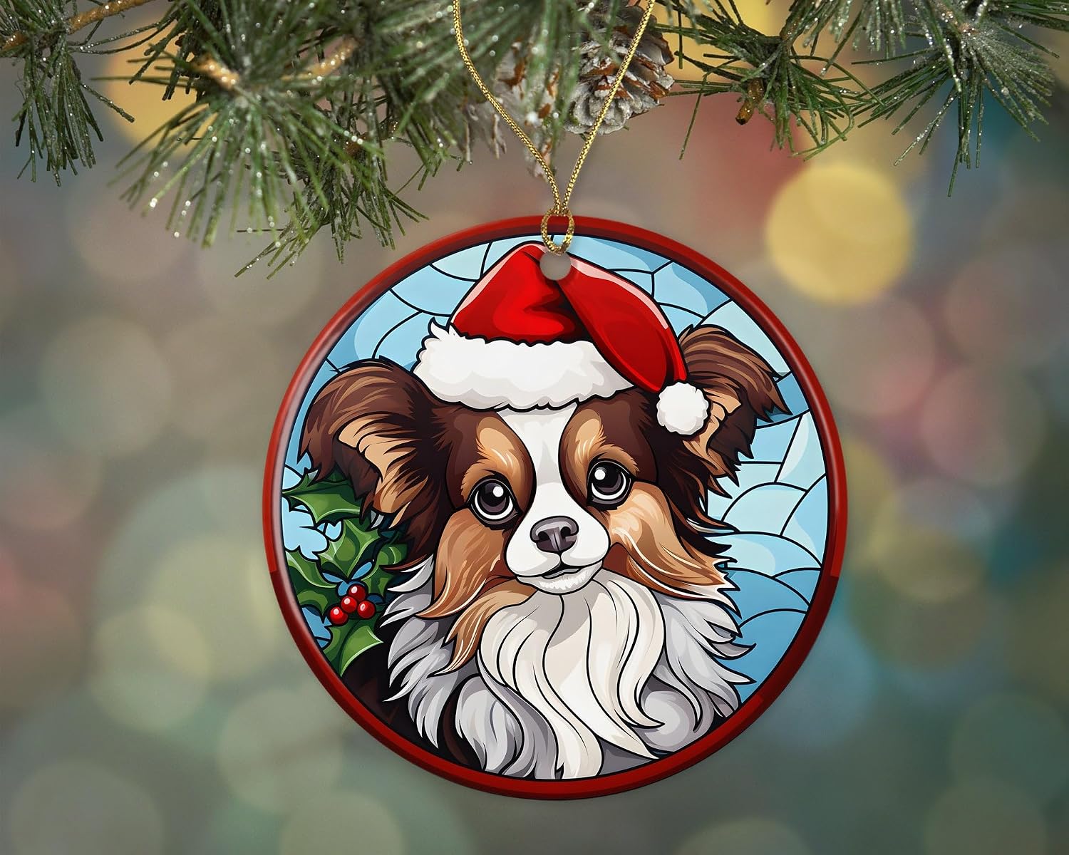 Papillon Dog Ceramic Stained Glass Ornament