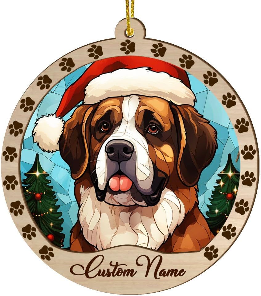 Wooden St Bernard Dog Christmas Ornament