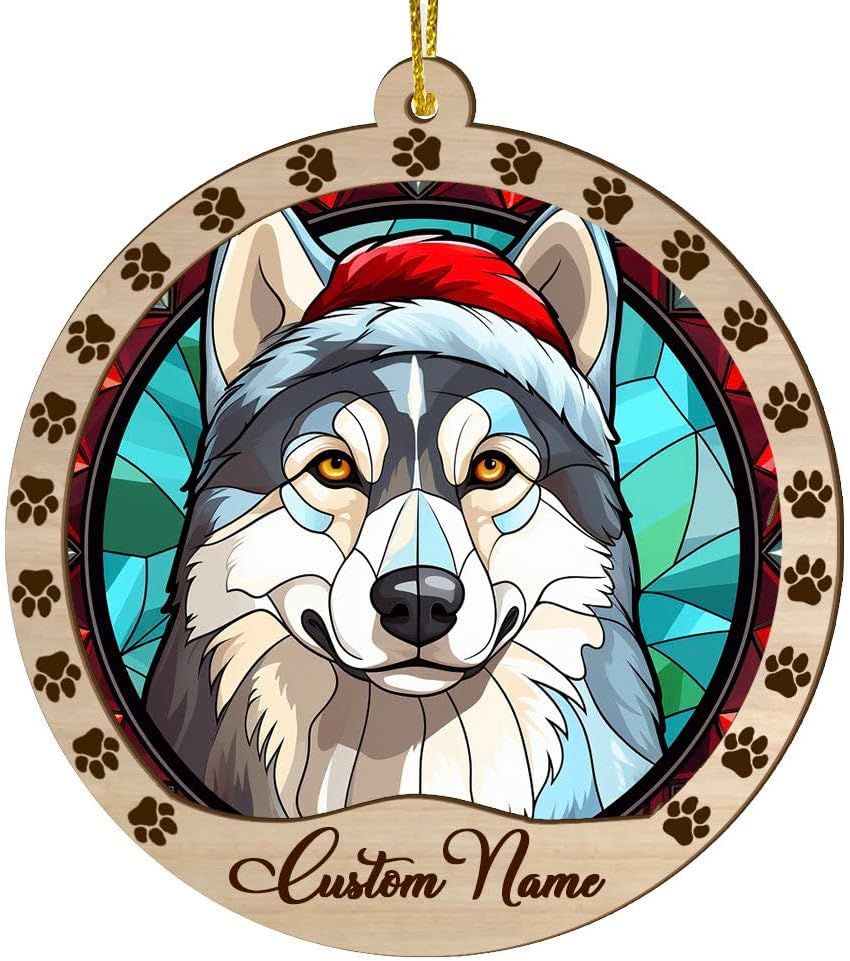Wooden Siberian Husky Christmas Ornament