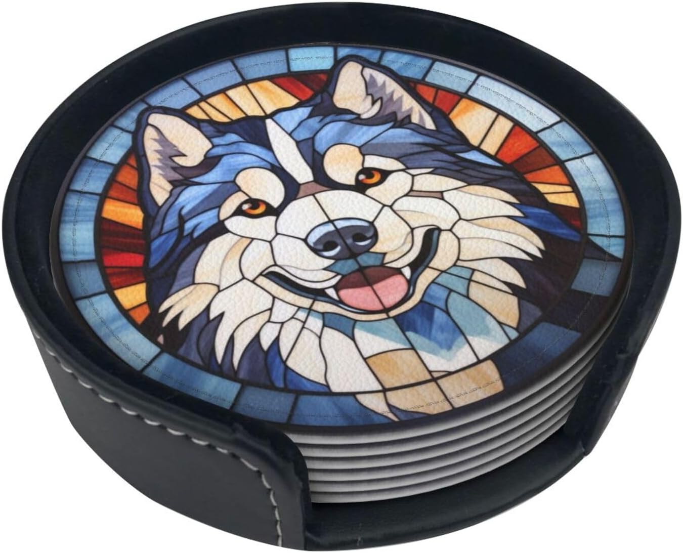 Drink Coaster Set of 6, Alaskan Malamute Dog Mom Lover Gift,Leather Drink Coasters