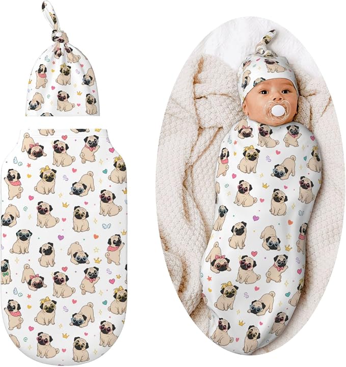 Pug Swaddle Blanket and Hat