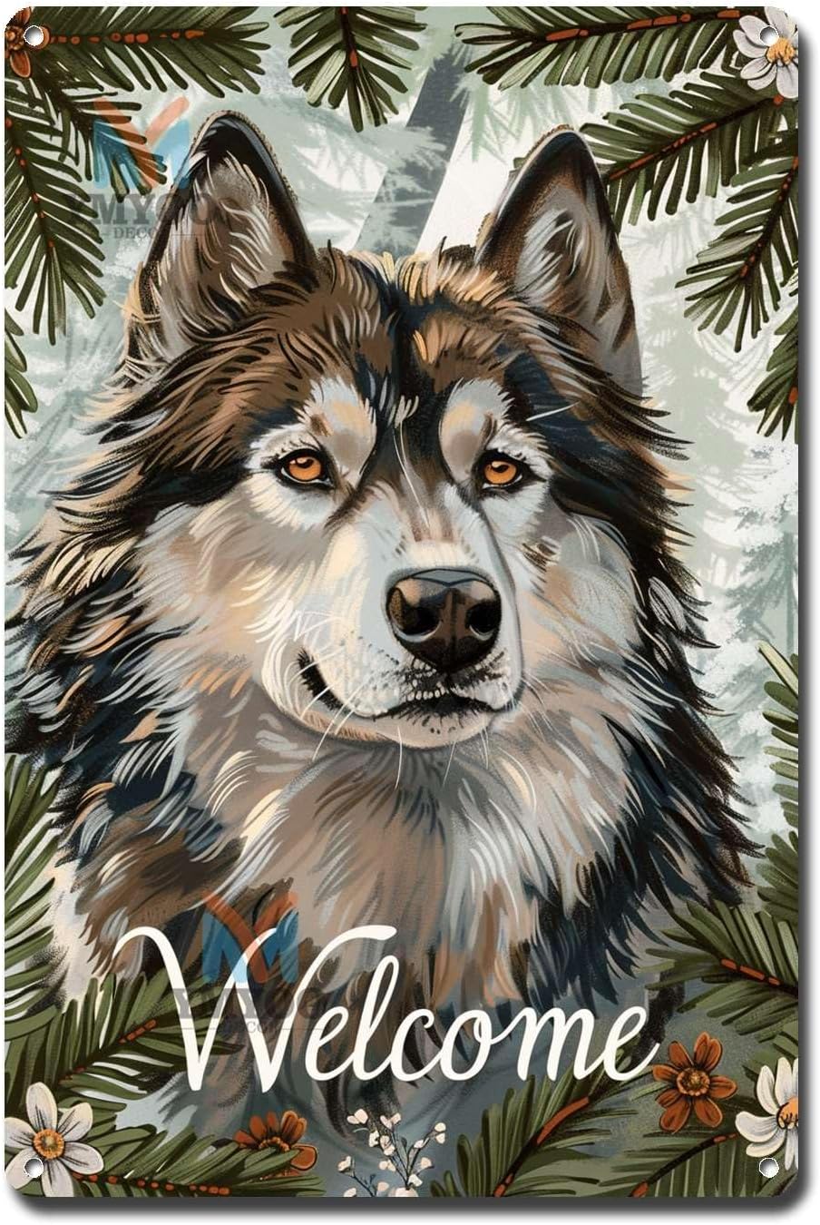 Decorative Tin Sign Vintage Wall Art Alaskan Malamute Evergreen Welcome for Lodge Style Homes