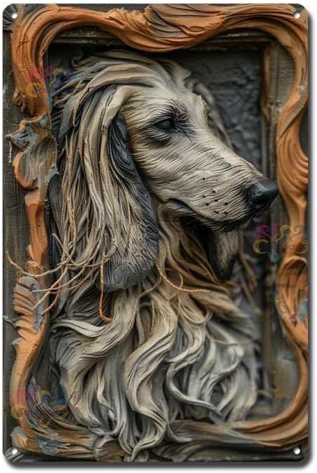 Decorative Tin Sign Vintage Wall Art Afghan Hound Clay Art Framed