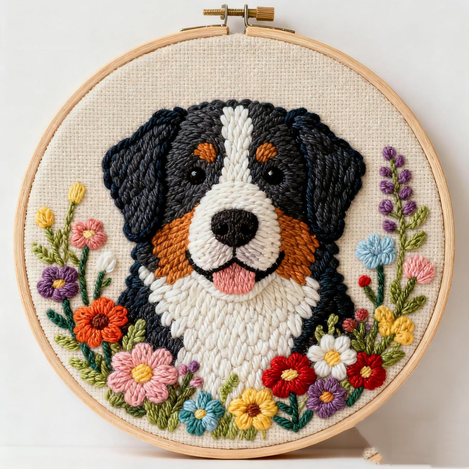 Punch Needle Kits Bernese Mountain Dog in Flowers 20x20cm | Stamped Pattern Cotton Fabric with Hoop