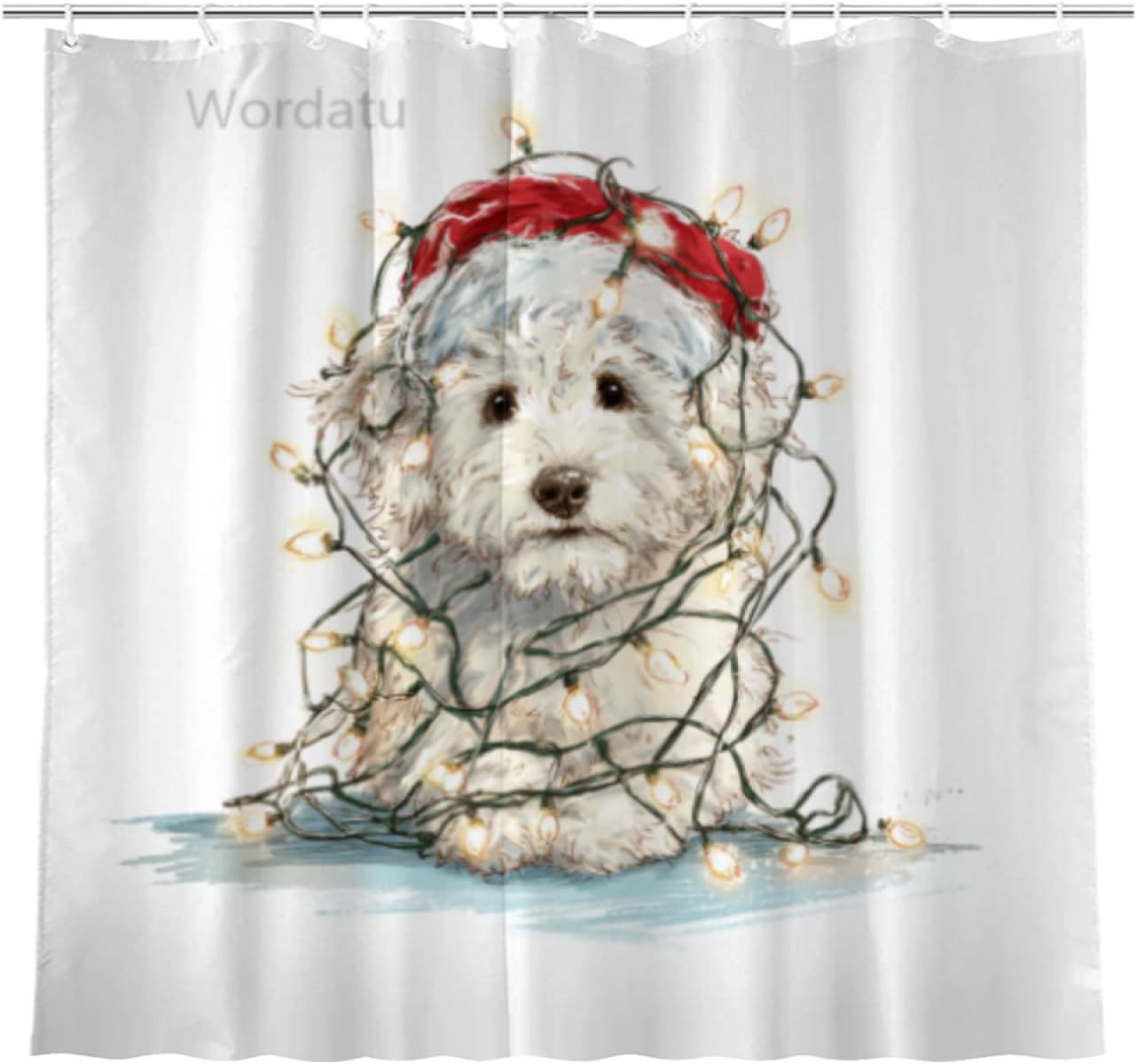 Christmas Shower Curtain, Happy Bichon Frise with Santa Hat