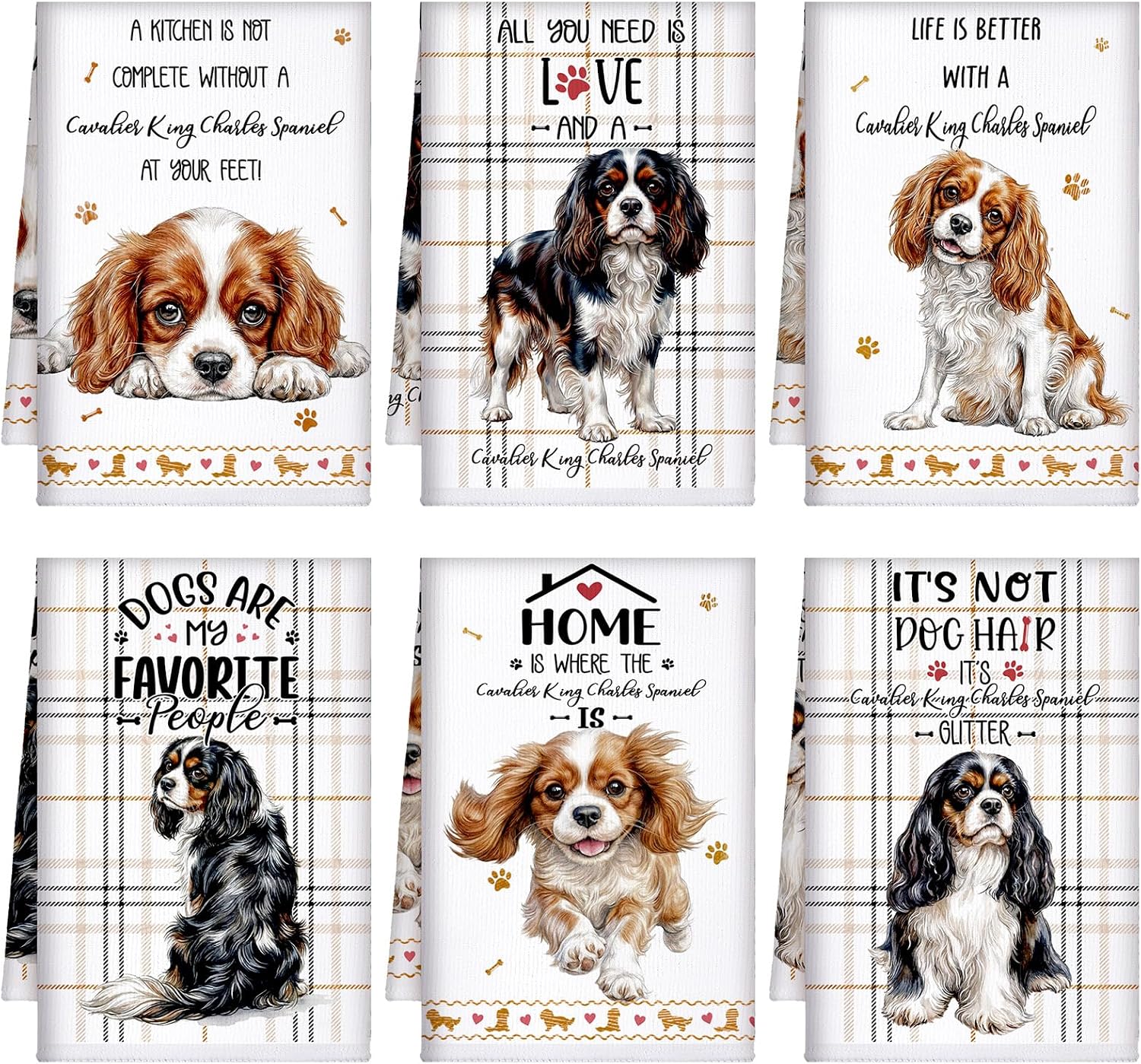 6 Pcs of King Charles Cavalier Spaniel Dog Dish Towels