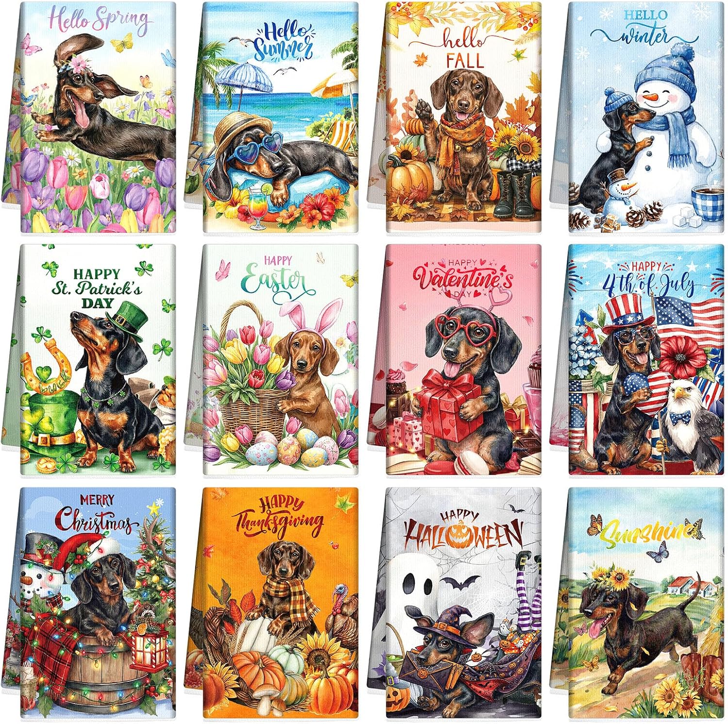 12 Seasonal Dachshund Dog Kitchen Dish Towels