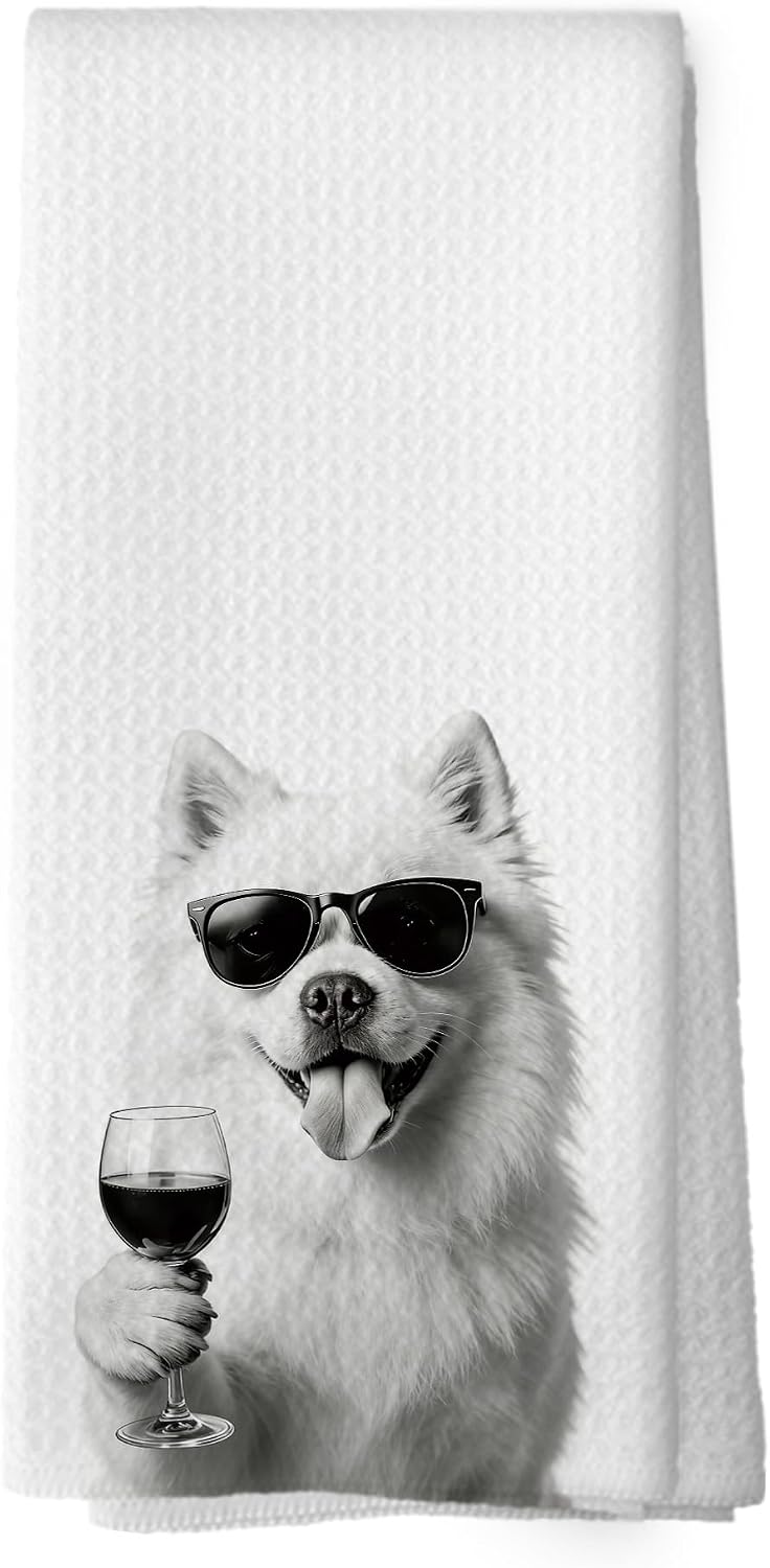 Funny American Eskimo Dog Wine Bar Kitchen Dish Towels