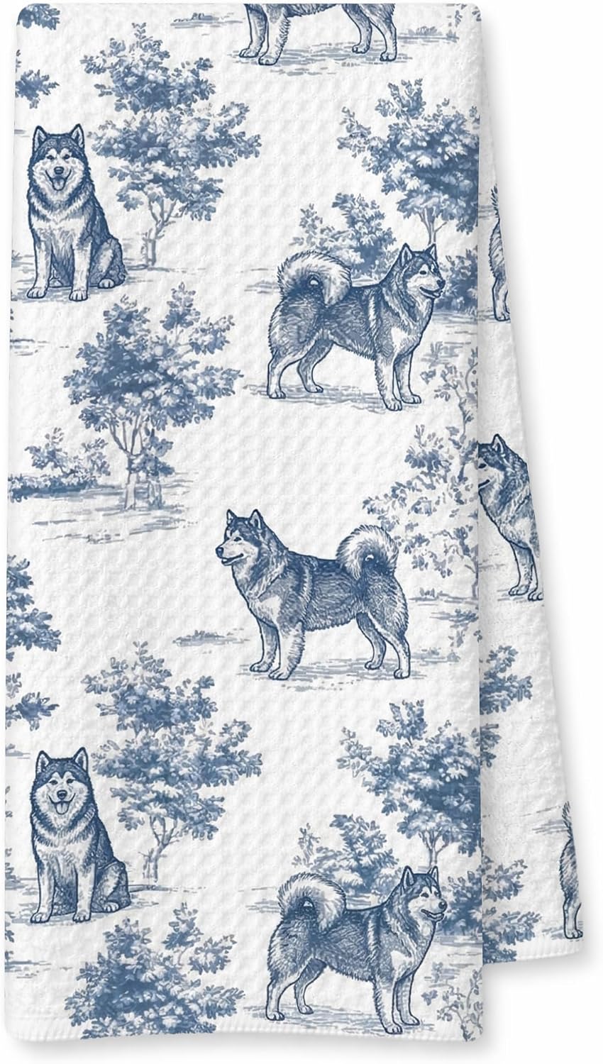 Blue and White Chinoiserie Alaskan Malamute Gift Hand Towels