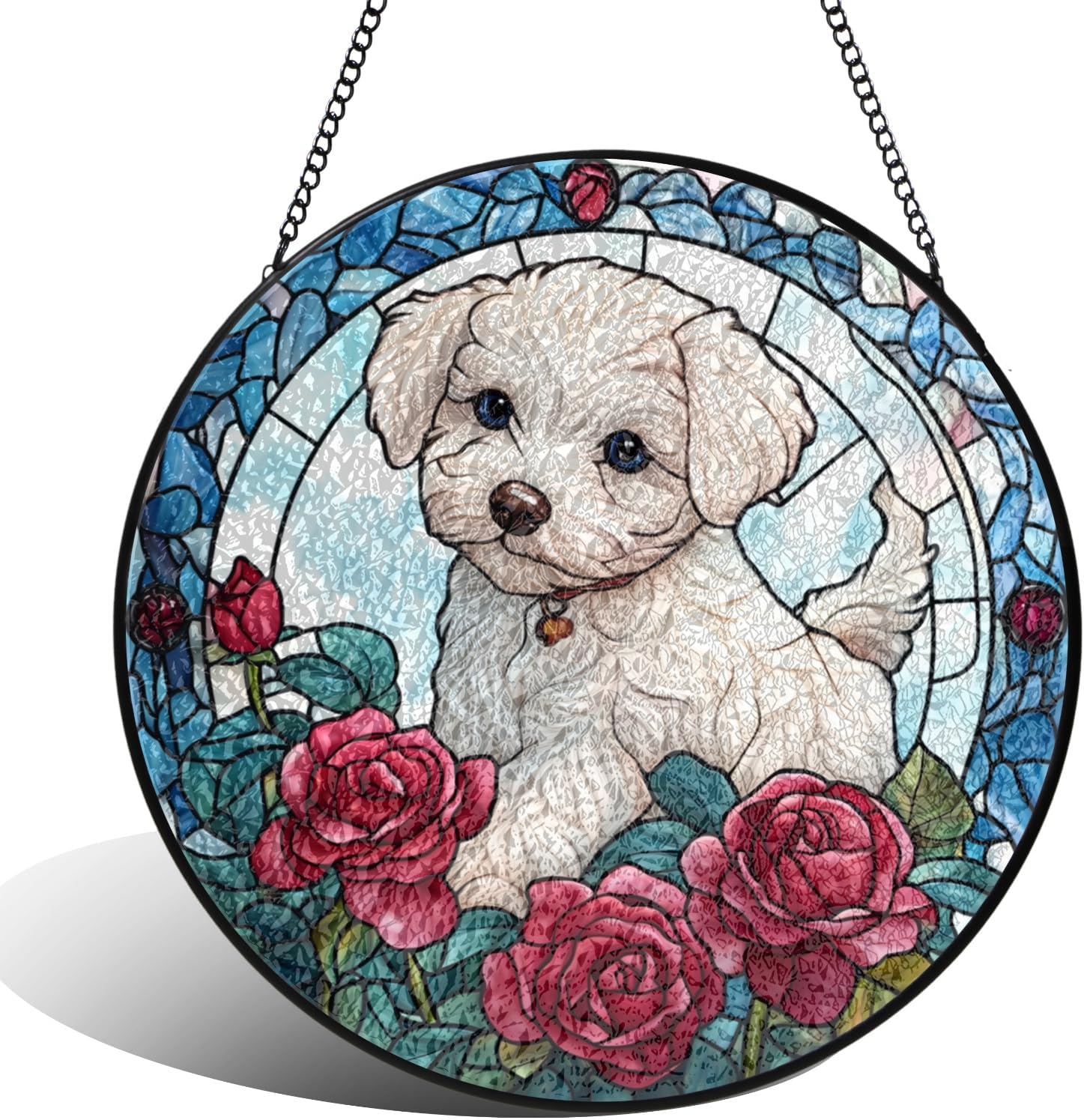 Bichon Frise Puppy in Rose Garden Stained Glass Window
