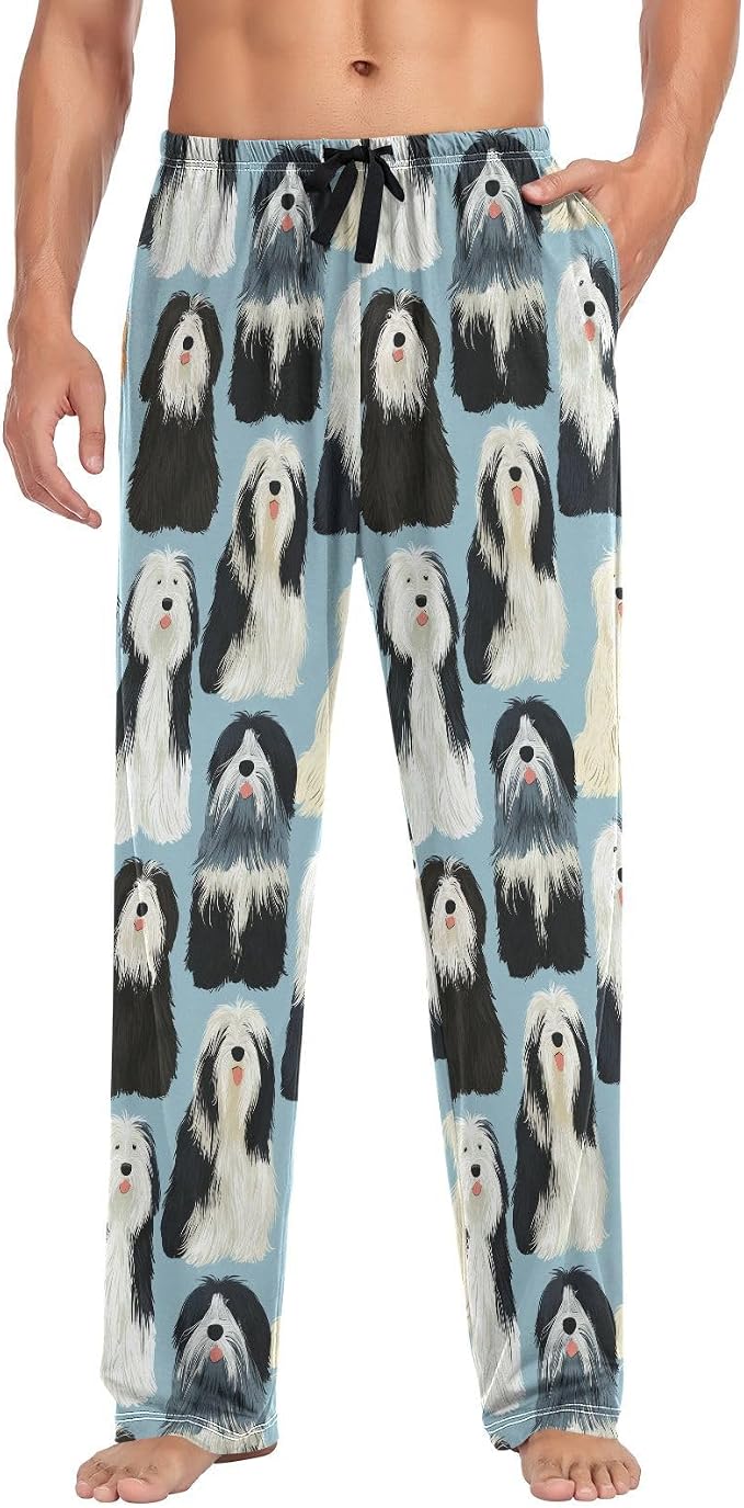 Bearded Collie Dog on Blue Mens Pajama Pants